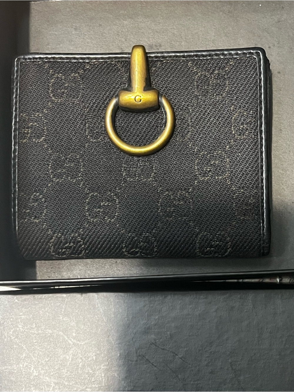 Gucci Black GG Canvas Compact Wallet with Brass Horsebit Ring